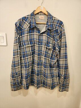 Lucky Brand Western Shirt Mens XXL Blue Plaid Pearl Snap Classic Fit Lightweight